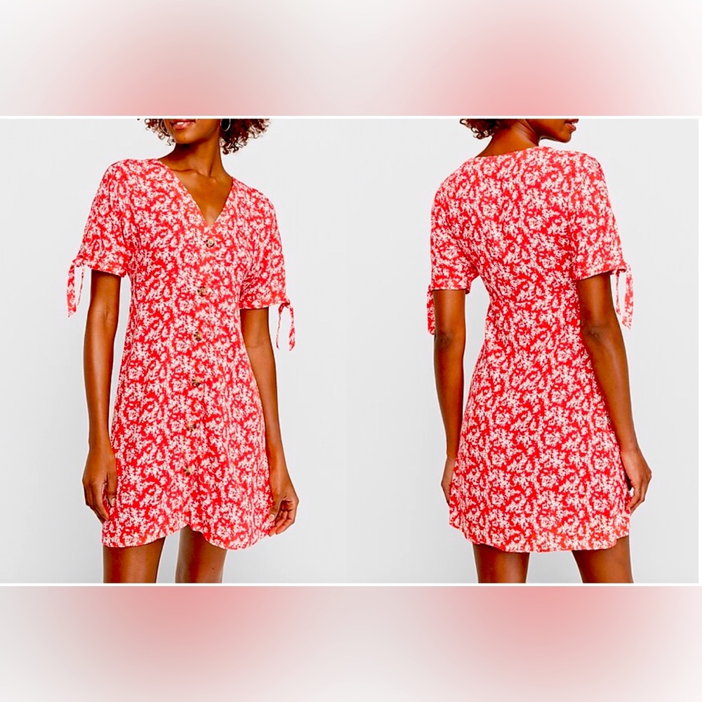 Express Floral Tie Sleeve Button Front Shift Dress